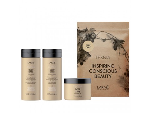 Lakme kelioninis plauklų priežiūros priemonių rinkinys Teknia Travel Pack Deep Care, rinkinį sudaro: šampūnas 100ml, kondicionierius 100ml ir kaukė 50ml